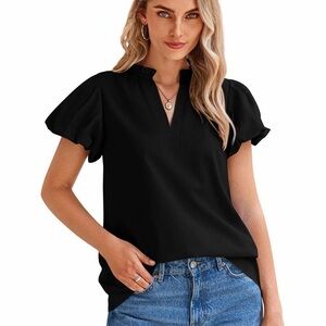 Pretty Garden Black Flutter-Sleeve V-Neck Top